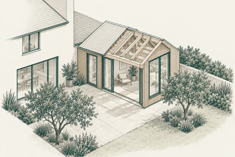 Cutaway illustration of a glazed garden room joined to a house.