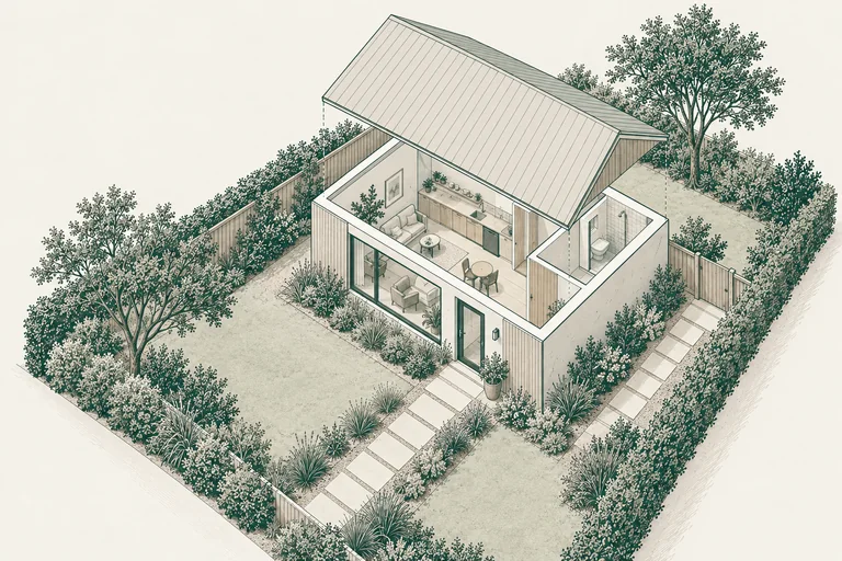 Conceptual cutaway of an existing garage envelope adapted for living space.