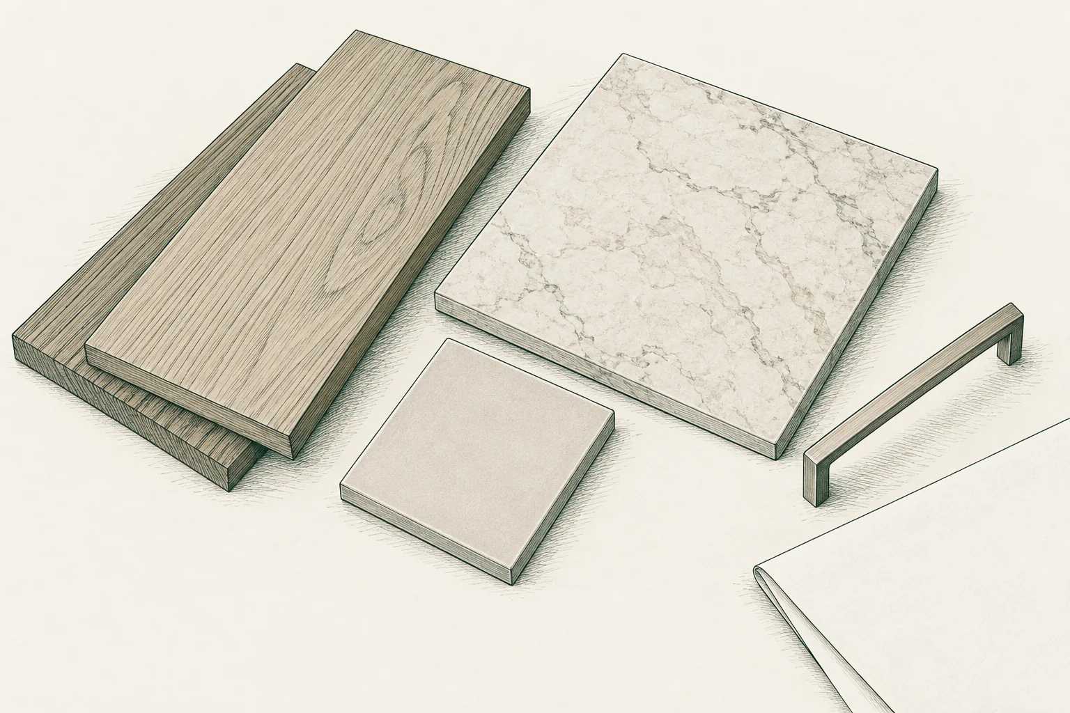 Line illustration of timber boards, stone and ceramic samples, a cabinet handle and a specification sheet.