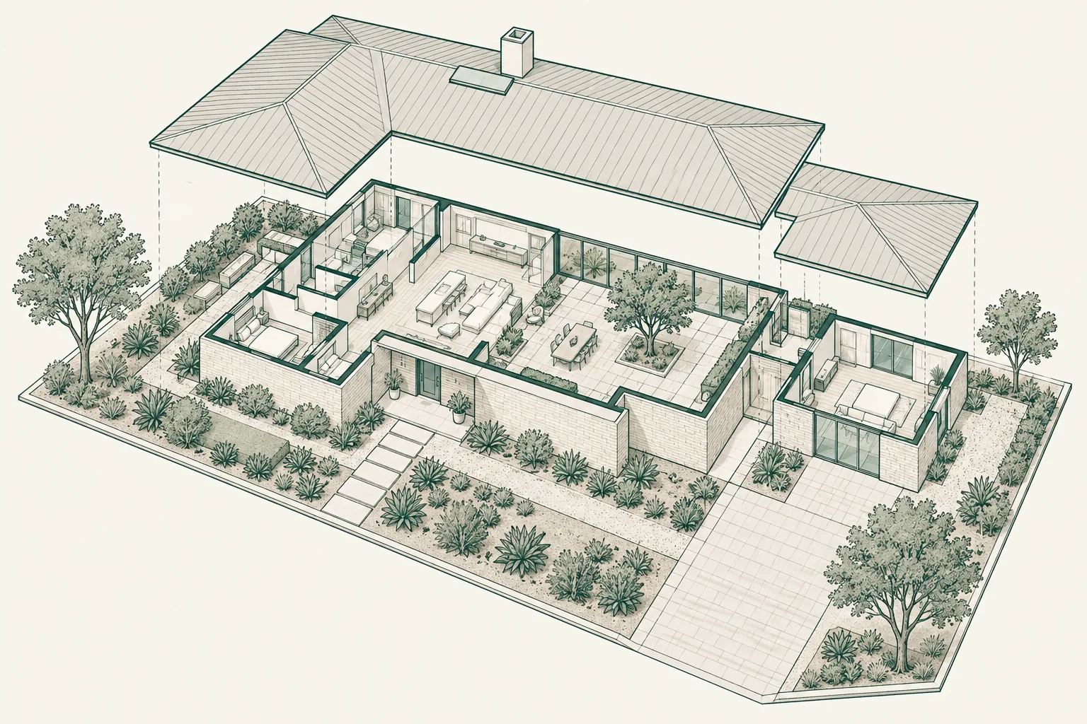Architectural illustration with the roof lifted to show connected rooms, a side wing and the surrounding garden.