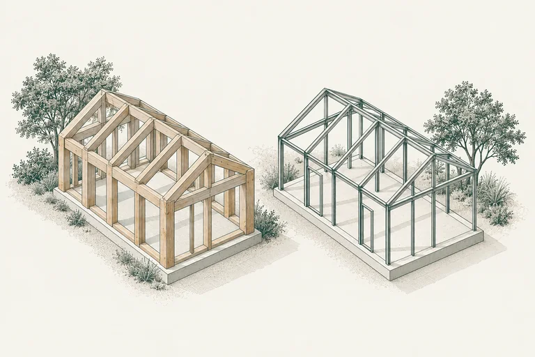 Conceptual timber and steel structural frames shown side by side.
