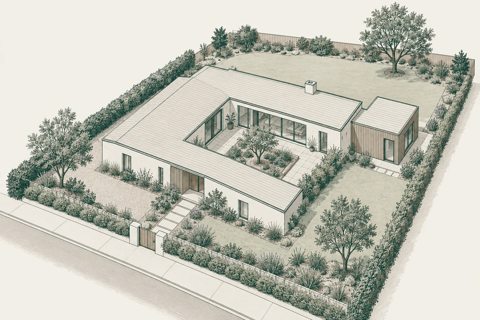 Bird’s-eye architectural illustration of a home, entry path, courtyard and planted boundaries considered as one property.